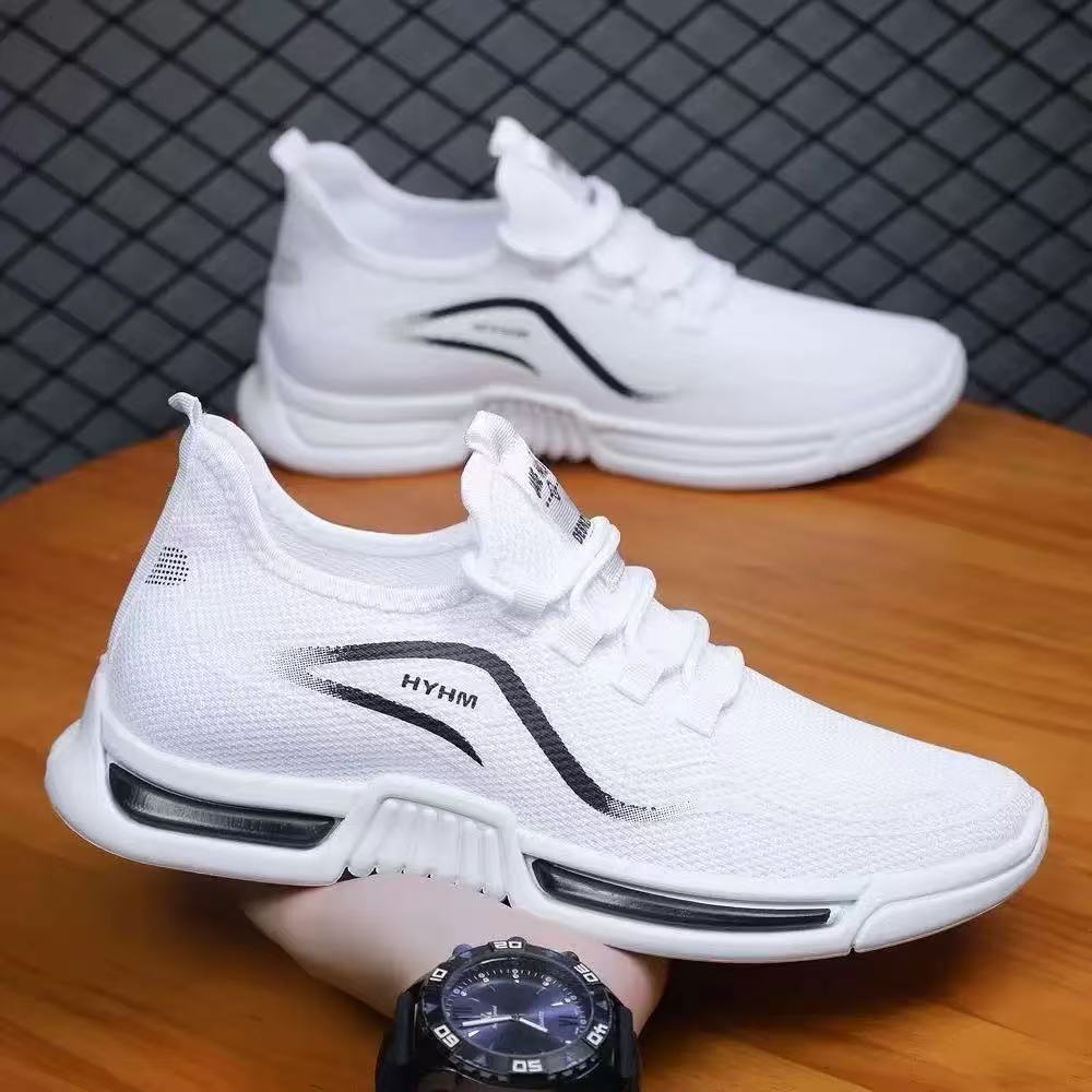 Men's Summer New Sports Trendy Shoes Non-slip Casual Running Shoes Flying Woven Breathable Comfortable White Shoes