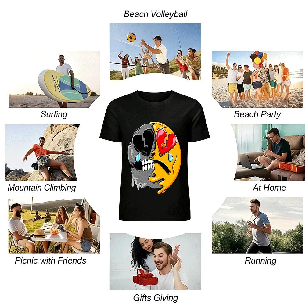 Heartbroken Skull Dual Emotion Print Trendy Casual Short Sleeve Tee Pure cotton T-shirt