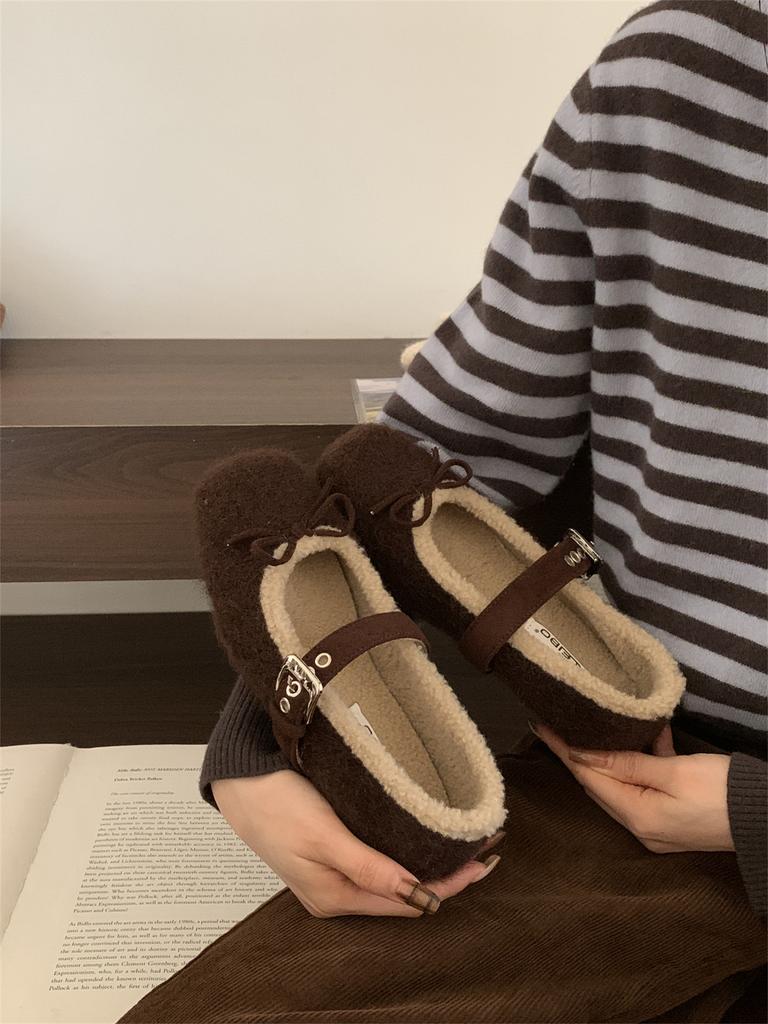French Bow Huge Good-looking Super Fire Fluffy Winter Shoes Mary Jane Single Shoes Fluffy Shoes Women Wear Velvet