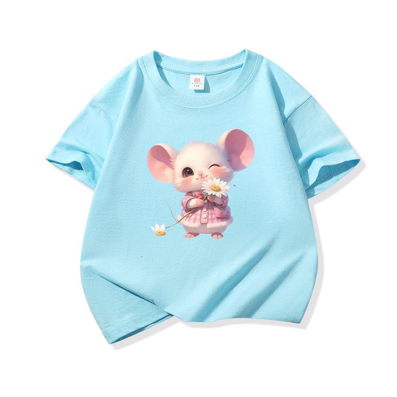 Kids Cotton T Shirt Little Mouse With Daisy Flower Print Crew Neck Short Sleeve Tee Casual Boys Girls Summer Tops