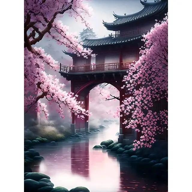 5D Diy Diamond Embroidery Sakura Bridge and Palace Diamond Painting Needleworks Cross Stitch Needleworks Home Decor J3479
