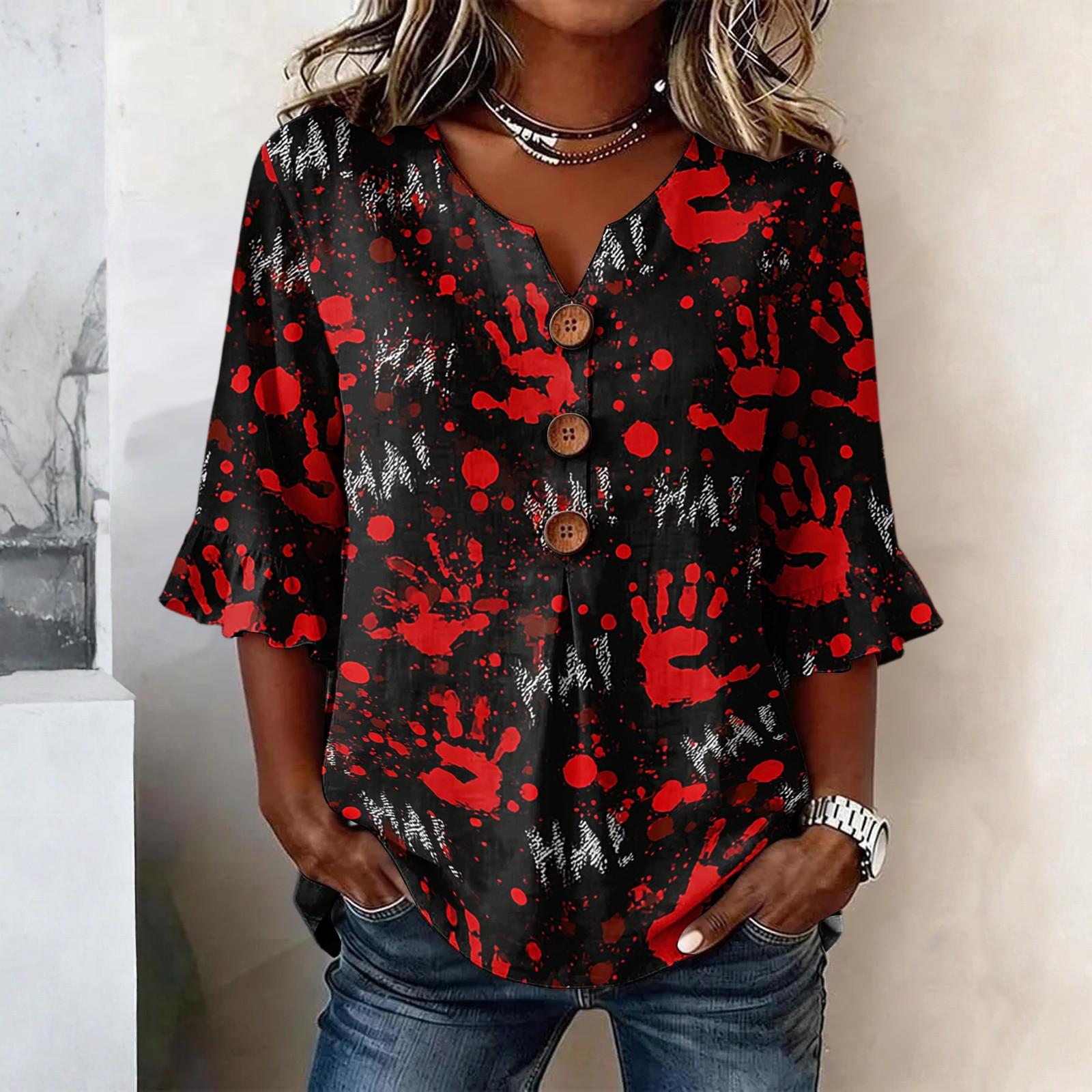 Women s Casual Loose Fit Halloween Printed Blouse with Lace Trim Sleeves for Party and Costume Wear L
