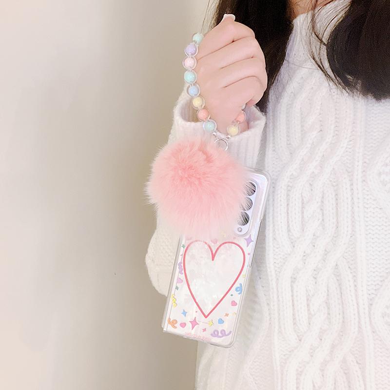 Colorful Heart Purikura Photo Frame Beads Bracelet Plush Pendant Phone Case For Samsung Galaxy Z Fold 3 Hard Transparent Cover