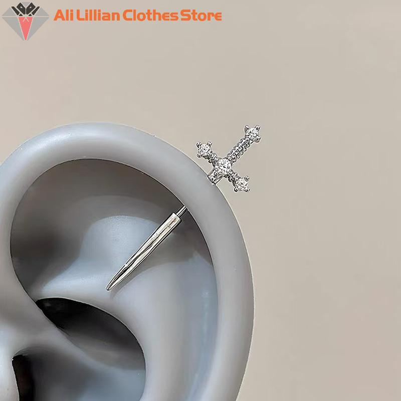 Neue Schwertförmige Strass-Kreuz-Ohrringe Punk Zirkon Schwebendes Helix-Piercing Ohrknorpel Für Damen Herren Schmuck Partnergeschenke