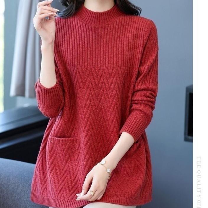 Women's Loose Mid-length Sweater Autumn Winter Thickened crew neck Solid Color Sweater with Pockets