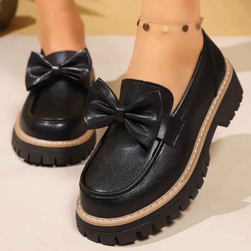 

Модные корейские лоферы с бантом из искусственной кожи для женщин, весна-осень, однотонные, больших размеров, женские лоферы, повседневная обувь с круглым носком 36