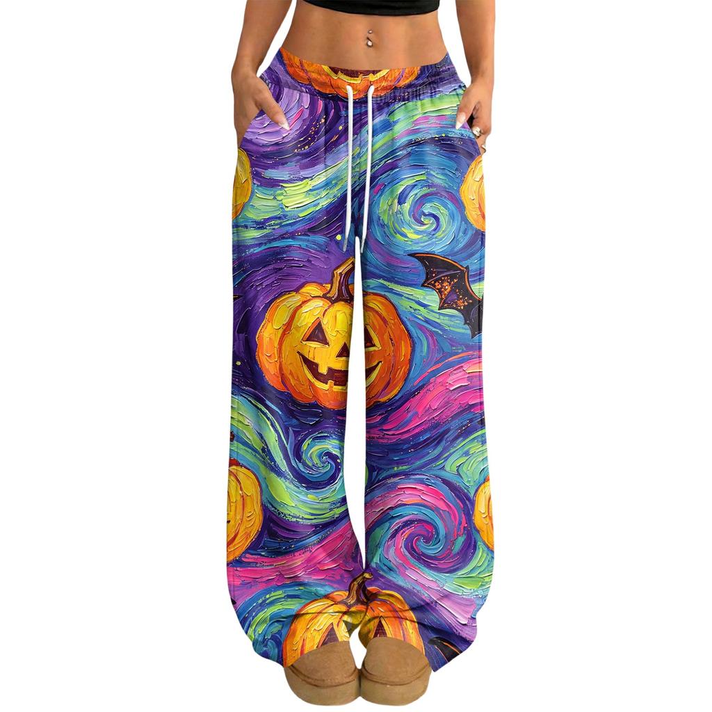 Women's Casual Halloween Printed Wide Leg Pants with Elastic Waist and Drawstring