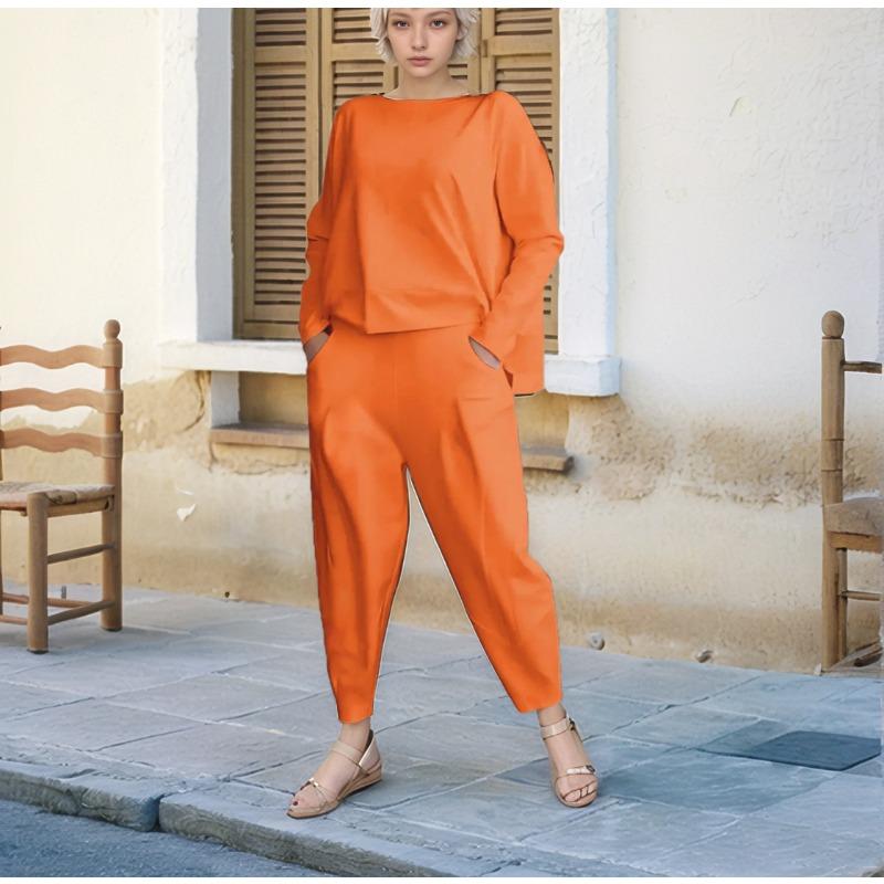 Modisches Rundhals-Langarm-Freizeithemd Zweiteiliges lockeres Hosenset Herbst Einfarbig Übergröße Hosen mit Taschen Hosenanzug Damenbekleidung 1846