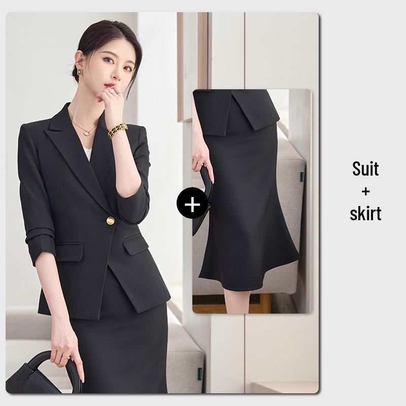 Women's Black Professional Two-Piece Suit Set: Jacket & Skirt - Ideal for Spring & Autumn