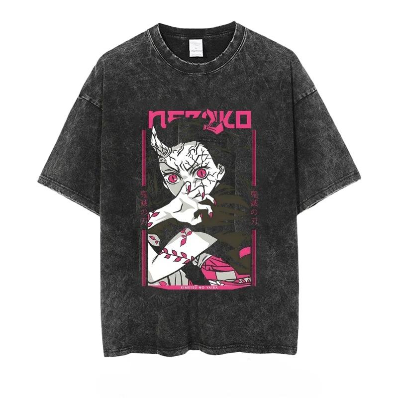 Men's T-shirt Anime Demon Slayer Printed Washed Vintage Loose Fit Women's Short-sleeved Tee Oversized Gym Y2k Clothes Top Summer