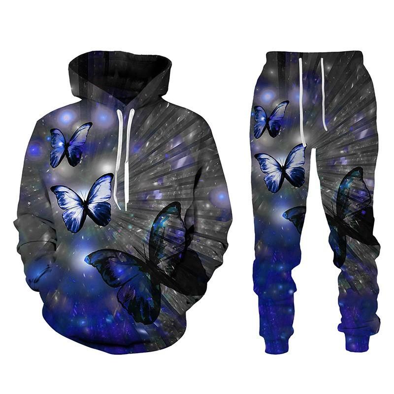 3D Butterfly Printed Men's 2-piece Outfits Casual Men Women Hooded Sweatshirt Suit Autumn Oversized Fashion Tracksuit Pants Sets