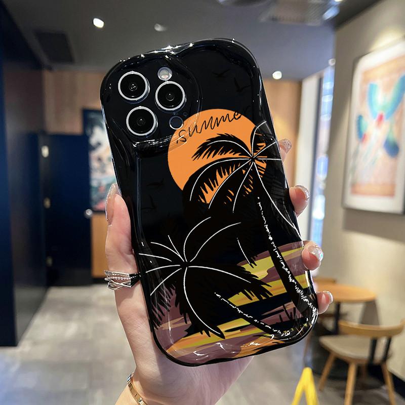 Cream Wave Curved Silicone Glossy Soft Case Sunset Coconut Tree Printed Shell Mobile Phone Back Cover for iPhone Samsung Xiaomi