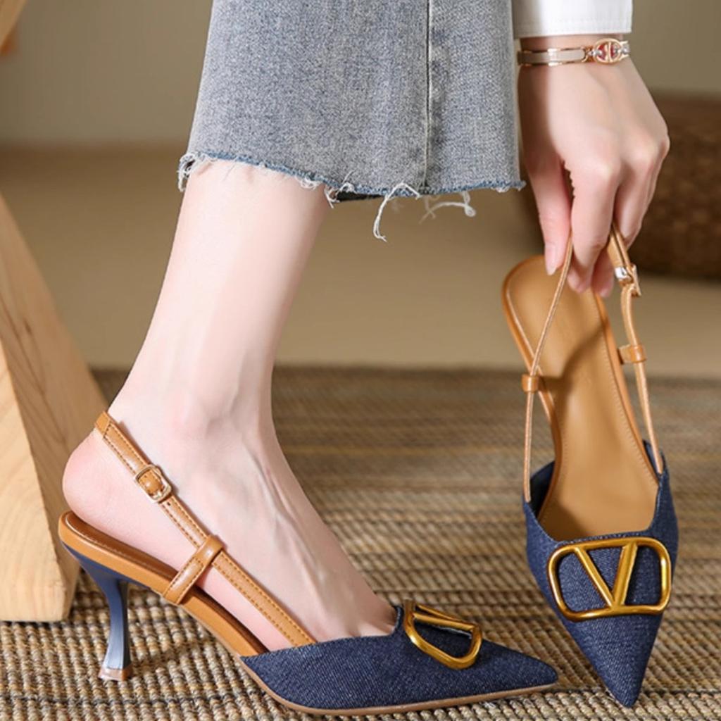 Light Luxury Bag Head Thin Heel Sandals Women's 2024 Summer New French Celebrity Shallow Mouth Pointed Denim High Heel