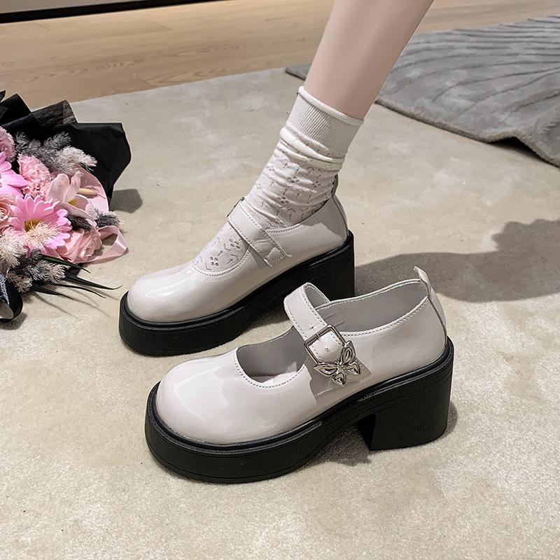 Small leather shoes women's 2025 new summer butterfly black jk single shoes platform heightening high heel shorty Le Mary Jane shoes