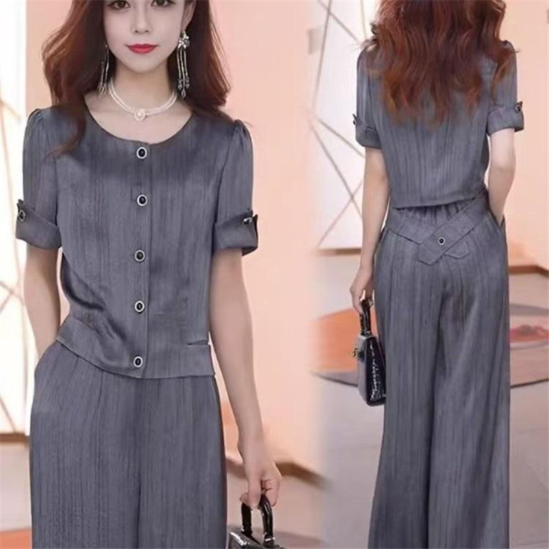 

Women 2-Piece Outfit Set Summer Short Sleeve Top & High Waist Wide Leg Pants Elegant Casual Office Wear L темно-серого