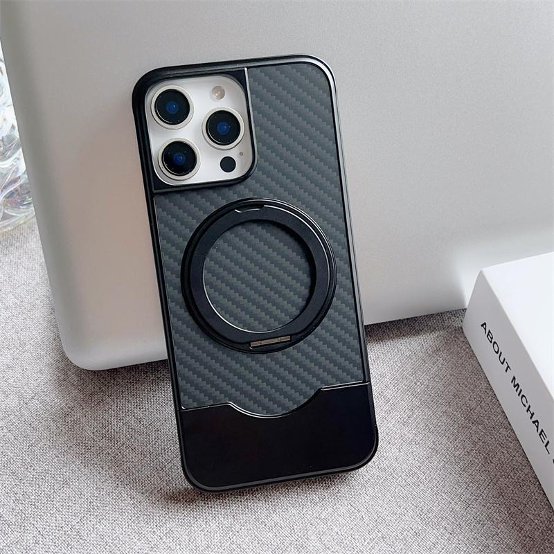 Magnetic Push-Pull 360 Rotate Bracket Metal Phone Case For iPhone 14 15 16 Pro Max Magsafe Carbon Fiber Texture Shockproof Cover