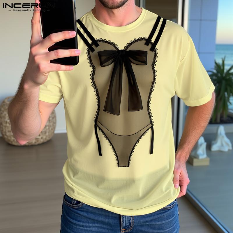 INCERUN Men Short Sleeves Funny Print See Through Casual Losee Tee Tops