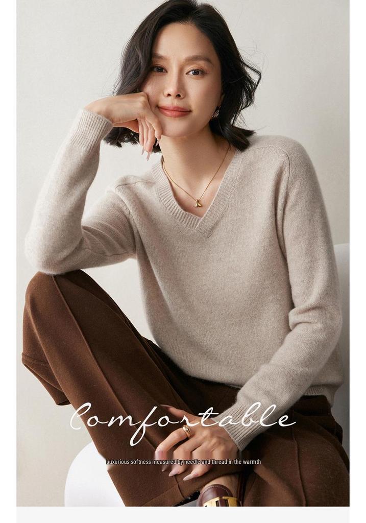 Women's Thickened V-Neck Cashmere Raglan Sweater - Loose Knit Two-Strand Base Layer for Autumn/Winter