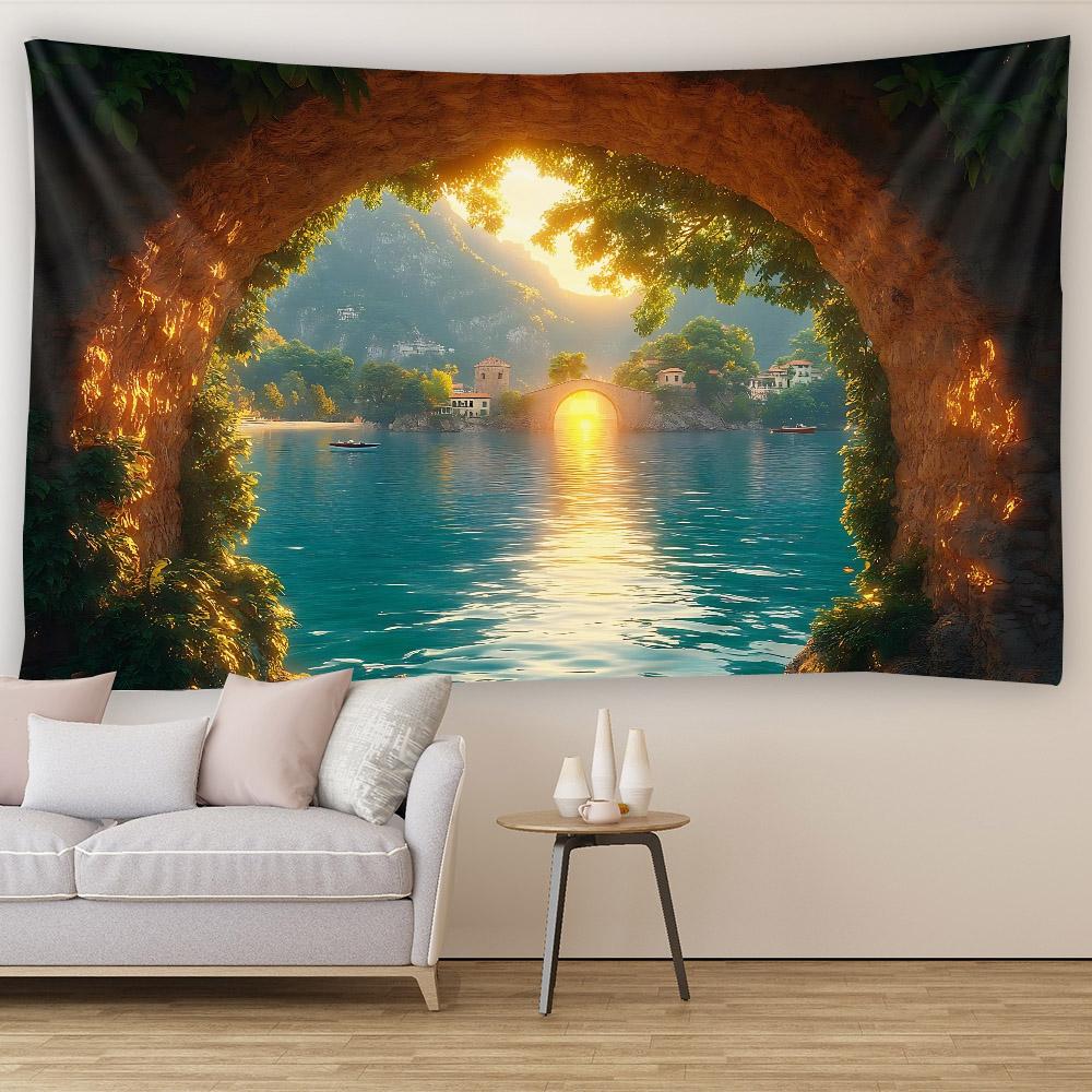 Cave Sunrise Landscape Wall Hanging Tapestry - Home Decor Fabric Background for Music Studio Living Room