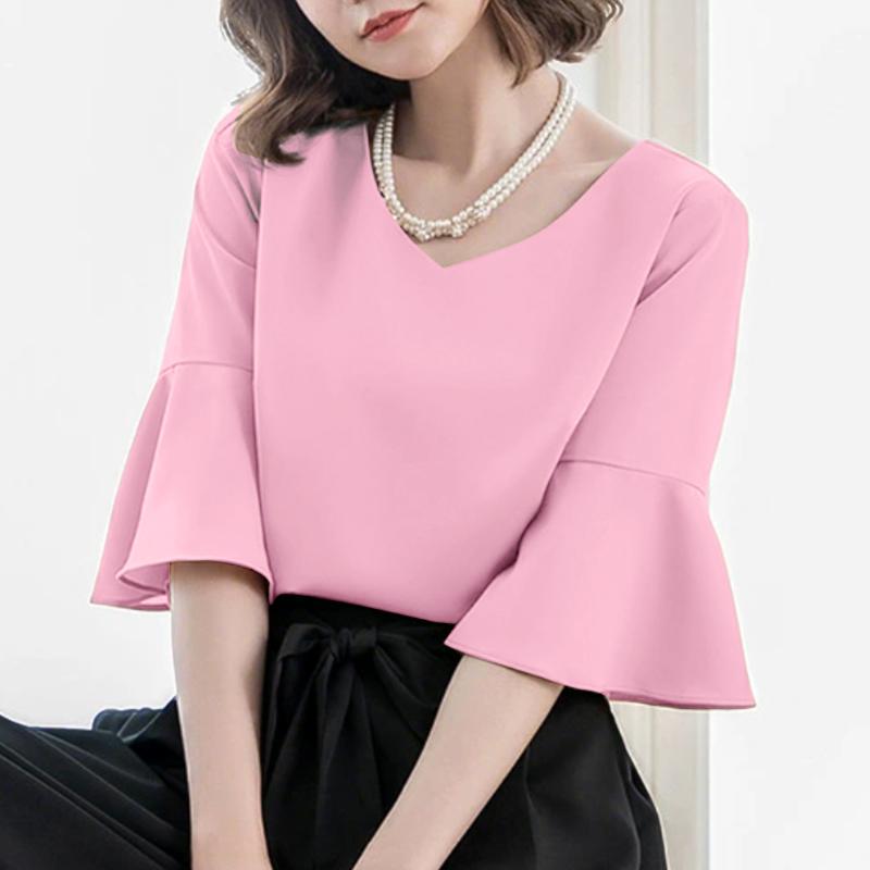 

ZANZEA Женская повседневная блузка с V-образным вырезом, расклешенным рукавом 3/4 и свободного кроя S розовый