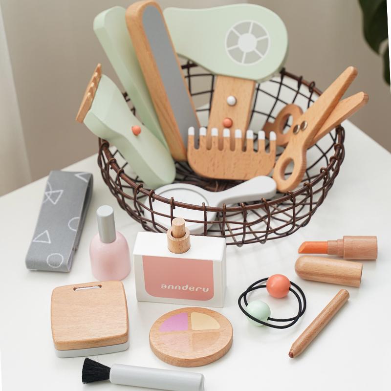 Kids Makeup Set Hairdressing Simulation Wooden Beauty Fashion Combs Hair Dryer Pretend Play Barber Makeup Kit Girl Toy
