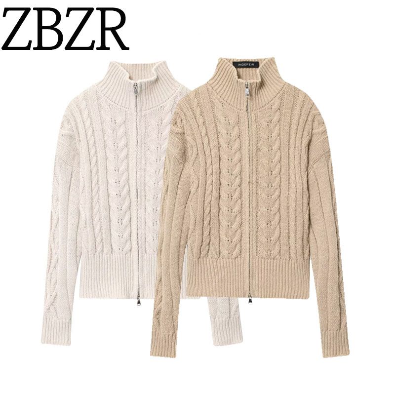 Za Export New Arrival Women's Clothing ZR Fashion Style Fashion All-Match Zipper Fancy Stand Collar Cable Stitch Knitting Cardigan
