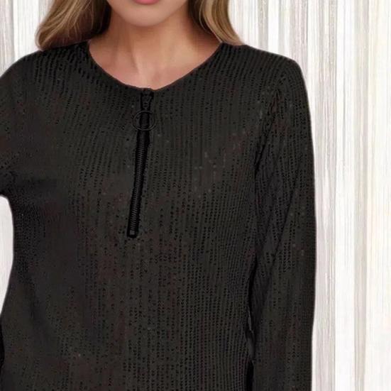 Women Tops Round Neck Zipper Half Placket Long Sleeve Pullover Tops Solid Color Shiny Sequins Loose Fit Blouse