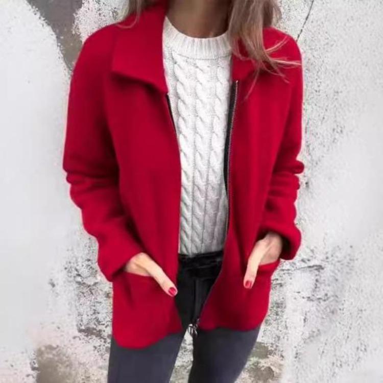 Long Sleeved Women Jacket Turn Down Collar Loose Thermal Coat Solid Color Zipper Closure Pockets Commuting Dating Office Spring Fall Winter