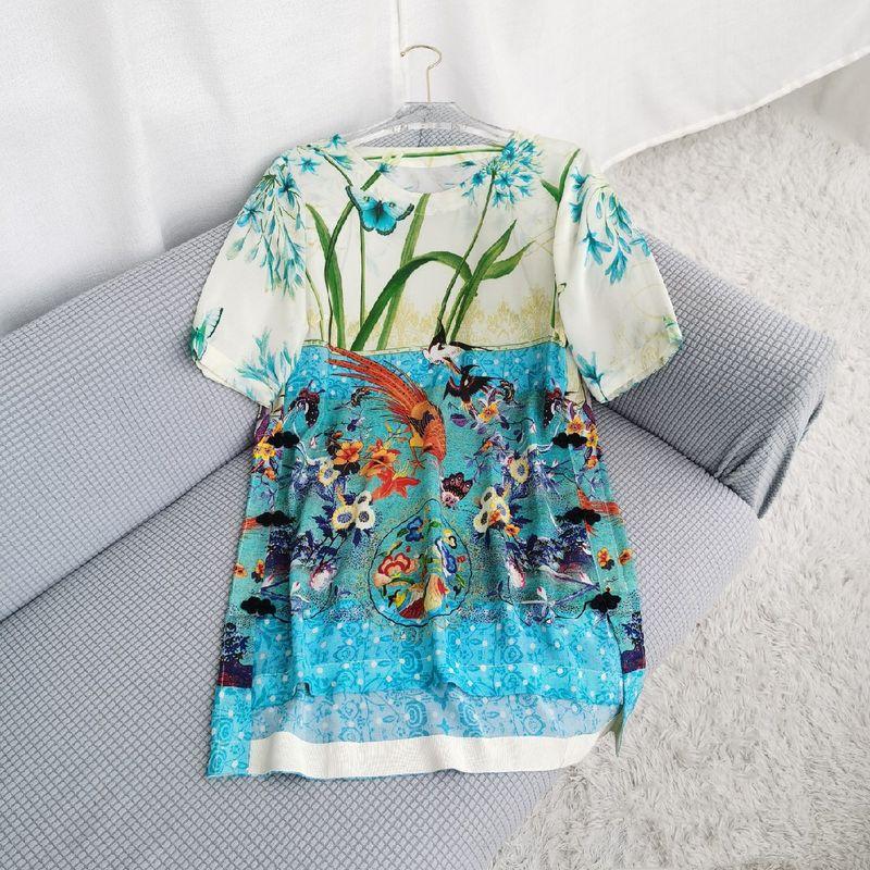 100% Mulberry Silk Short Sleeve Chinese Style Silk T-shirt Mid Length Long Length Tops Retro Style Small Shirt