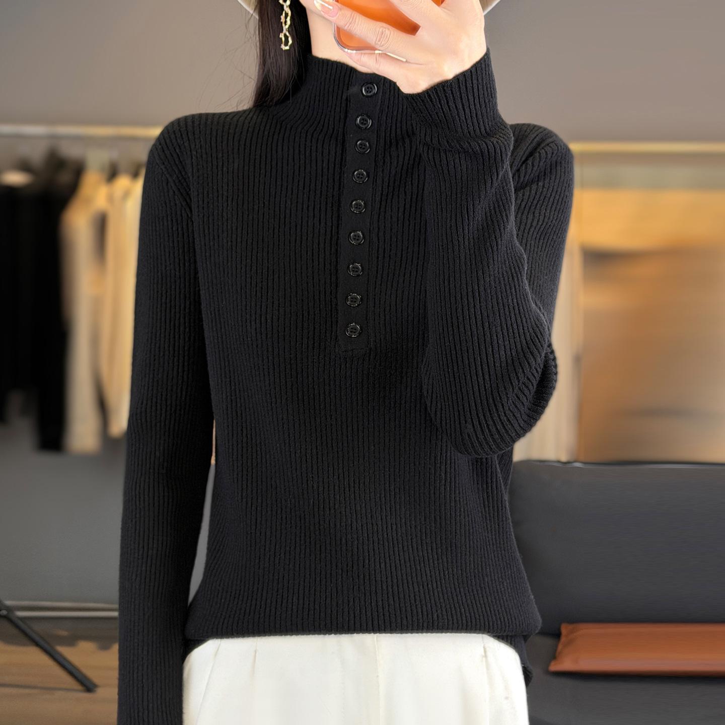 

Новый осенне-зимний полосатый базовый слой, женский приталенный вязаный свитер с полувысоким воротом, однотонный теплый свитер XL чёрный