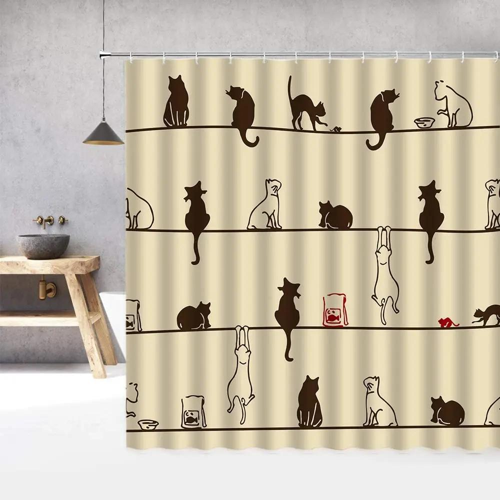 Cartoon Handbemalter Tier Duschvorhang, Katze, Vogel, Kaninchen, Pflanze, Blume, Kinder Badezimmer Dekor mit Haken, Hängender Sichtschutz