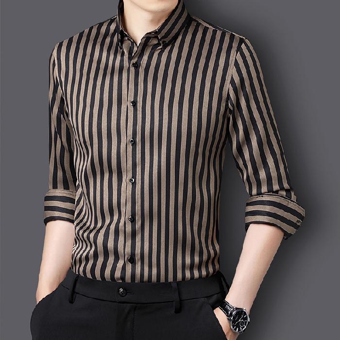 

Slim Fit Anti-Wrinkle Stripe Men s Shirts Long Sleeve Dress Casual Shirts Male New Soft Social Business Blouse Shirt M-5XL 4XL хакі