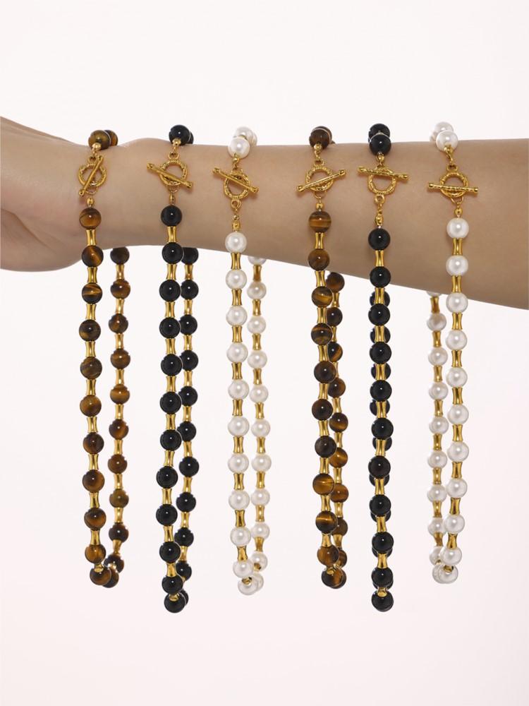 Vintage Women's Natural Stone Beads Necklace In Stainless Steel 18k Gold Plated OT Buckle Collar Chain Short Necklaces For Women