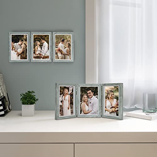 Afuly Wall-Mounted Photo Frame, 3-Panel, Postcard Compatible, Gray, Foldable, 360° Rotating, Wood Grain Finish, Perfect Gift for Weddings, Birthdays,