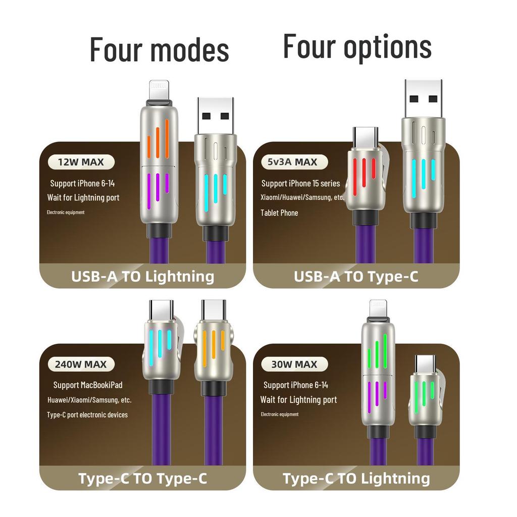 240W Fast Charging Multi-Function Type-C Cable with Colorful Breathing Light for Mobile Phones and Cars