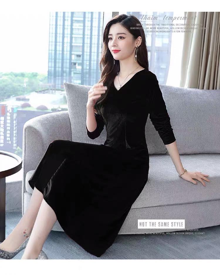 Elegantes Samt-Langarmkleid für Damen - Taillenbetonender Midirock für jede Jahreszeit