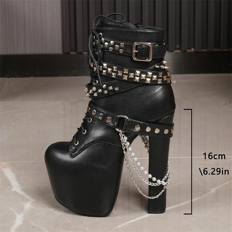 Punk Style Rivet Chain Platform Chunky Ankle Women Boots Fashion Zipper Super Extremely Heels Shoes Booties