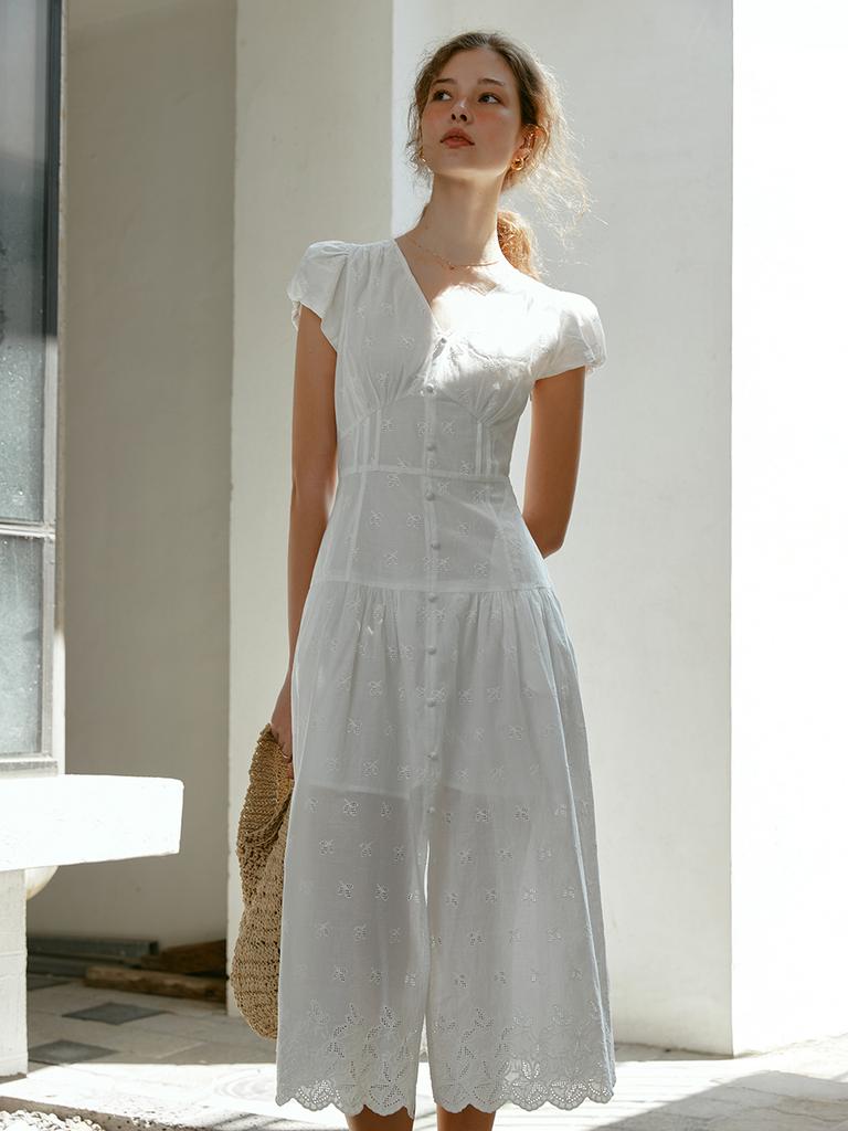 Lenina Liliana Puff Sleeve Embroidery Dress_White