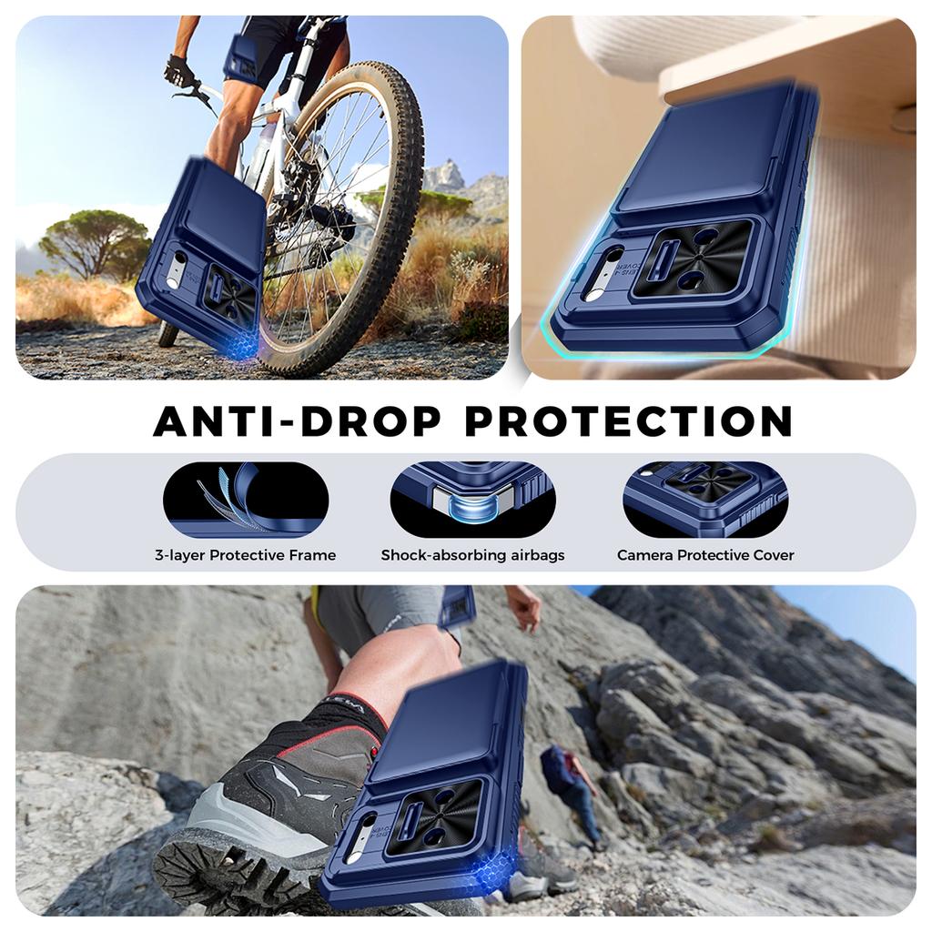 Shockproof Protective Wallet Case with Card Holder, Kickstand and Sliding Camera Cover for iPhone 17 Pro-Blue