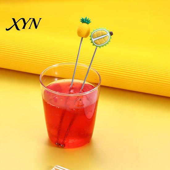 Stir Stick Cocktail Stick, Stainless Steel Mixing with Durian Pineapple Strawberry Cute Drink Stirrer Watermelon Rubber Top Decor, for Bar Milk