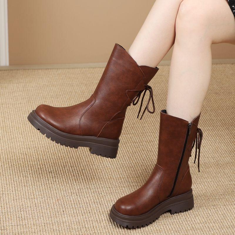 Round Toe Leather Platform Ladies Mid Calf Shoes Autumn Winter Fleece-Lined with Laces Women's Half High Boots Trend 2025 Boot