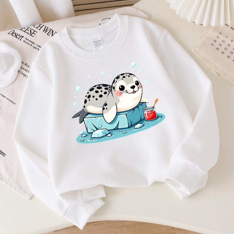 kids' Soft Crewneck Sweatshirt Cute Seal on Ice Block with Jam Jar And Cute Creative Print, Casual All-Match for Fall Winter, Ideal Holiday Present