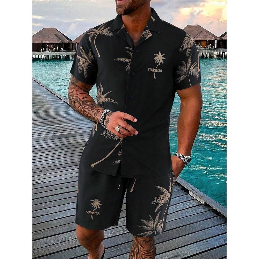 Summer New Men's Coconut Print Shirt Set High-quality Fashion Trend Shorts Hawaiian Style Casual Pool Top Outdoor Beach Two-piece Set