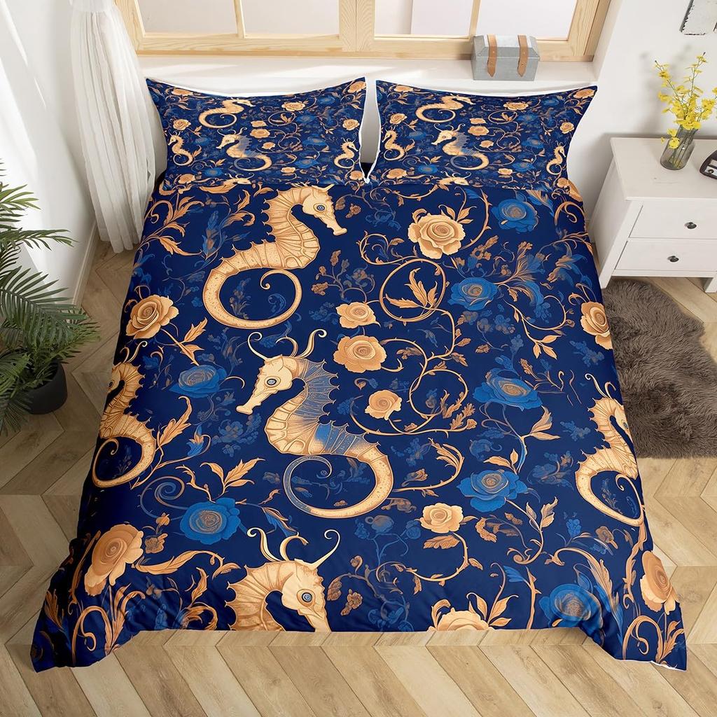 Seahorse Duvet Cover Sets For Kids Teens Queen Lightweight Bedding Sets Ocean Animal Bedspread Covers Bedroom Decor No Comforter