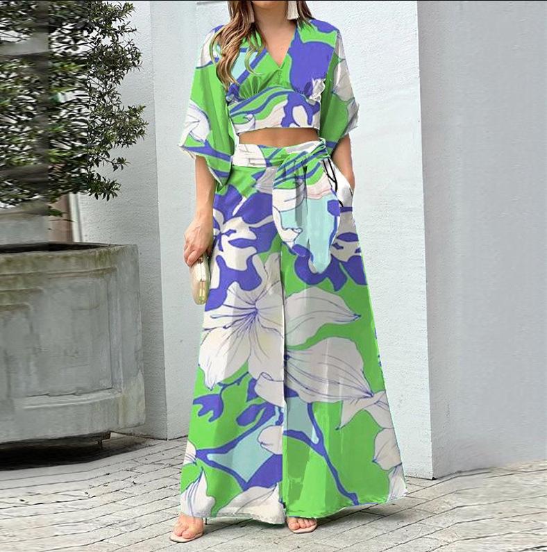 European and American women's clothing, new spring models, fashionable flower printing slim-fitting wide-leg trousers set