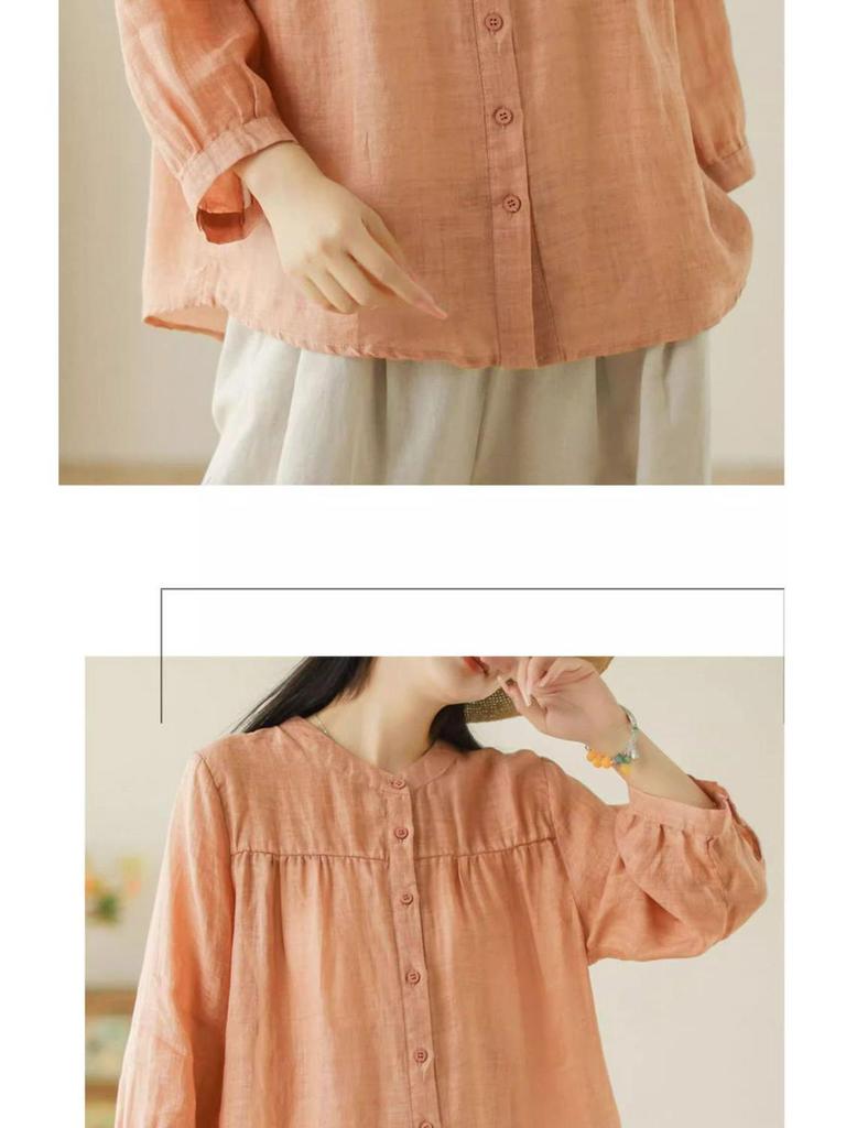 Spring/Summer Retro Slimming Cotton Linen Cardigan - Women's Seven-Sleeve Shirt