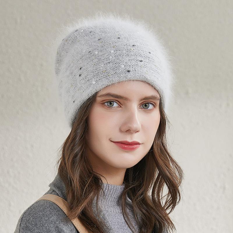 RTS Stock Winter Womens Knit Hats Angola Wool Warm Knitted Beanie Custom Colored Thread Ski Hat Fluffy Skull Hat
