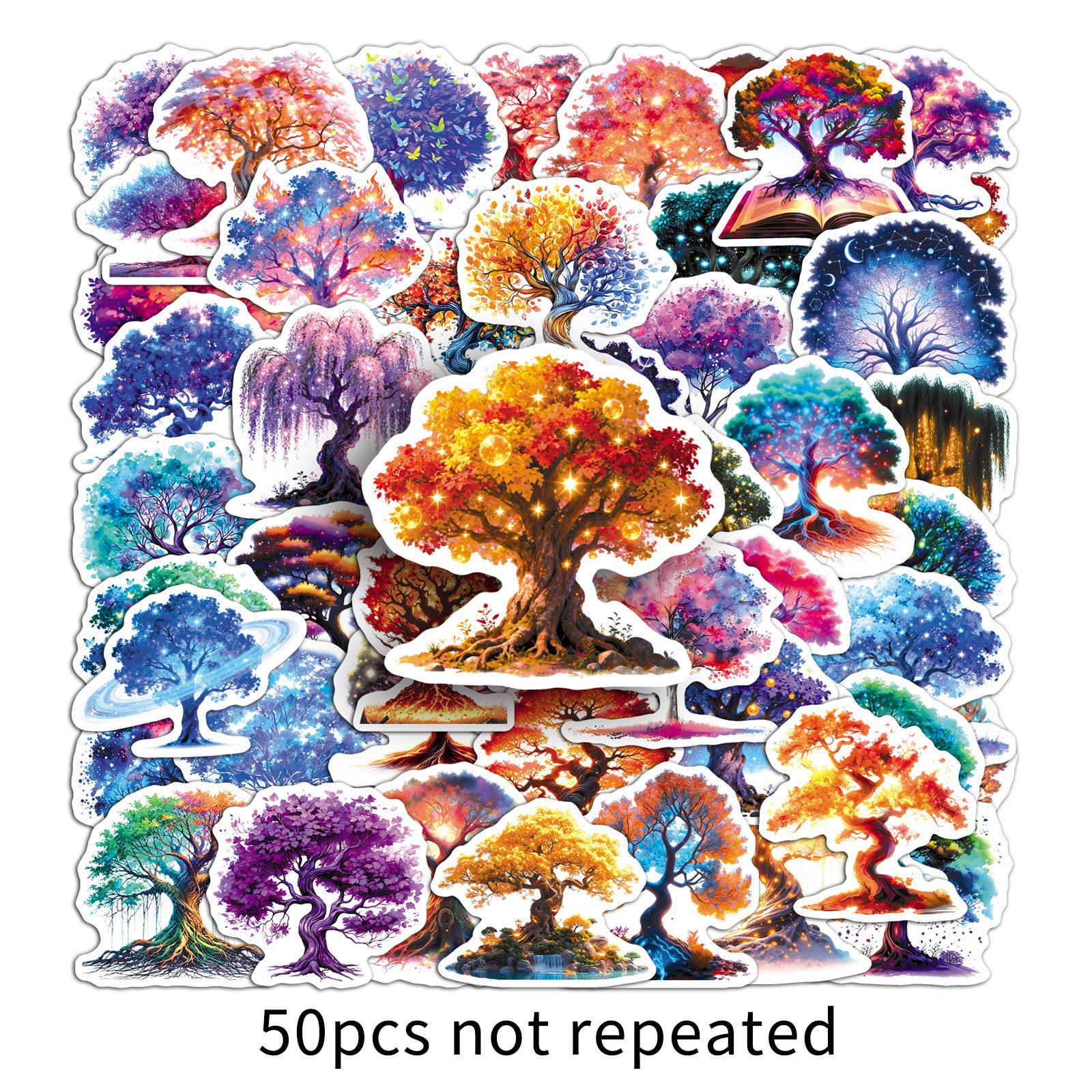 

50 PCS Luminous Tree of Life Stickers: Colorful Cartoon Decor for Journals, Water Bottles, Storage Boxes & Stationery