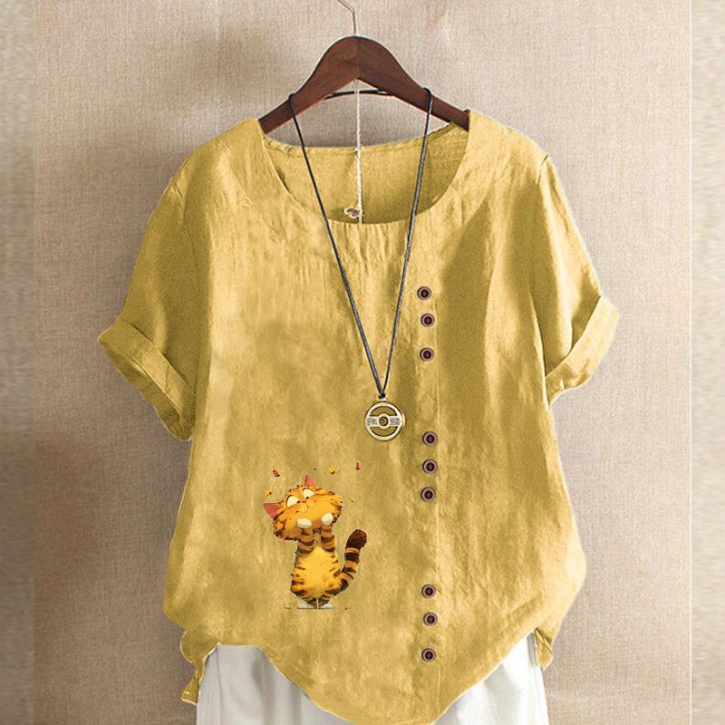 

Женская модная оранжевая футболка с коротким рукавом с принтом кота, свободная хлопковая рубашка, повседневная свободная летняя блузка, топы больших размеров 5XL жёлтый