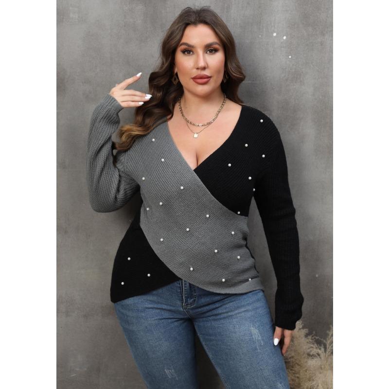 Women Plus Size Color Block Beaded Deep V Cross Long Sleeve Sweater
